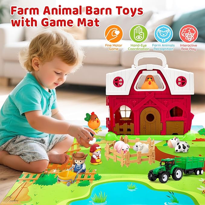 Farm Animal Toys for 1 2 3 Year Old Toddlers, Big Red Barn with Farm Mat & Animals & Tractor Toy for Boys Girls, Montessori Learning Interactive Barn Set for Kids 1-3, Ideal Christmas Birthday Gifts