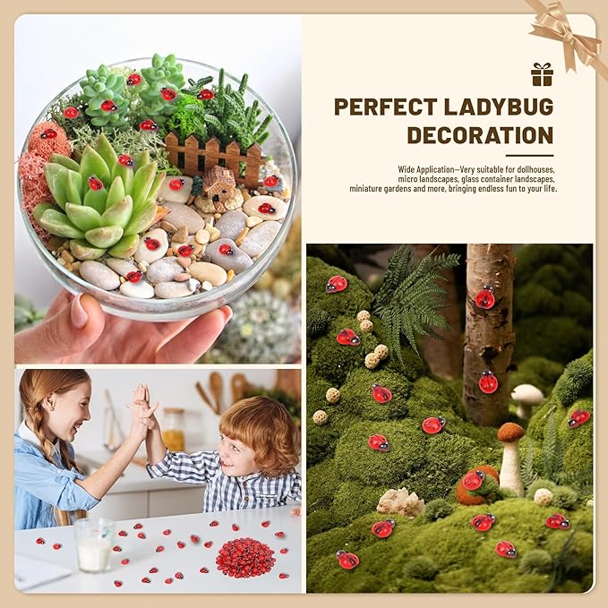 200pcs Mini Resin Ladybug Decor Tiny Ladybug for Crafts Dollhouse Miniatures Mini Resin Things Animals for Fairy Garden Micro Landscaping Home Decoration, 2 Types(0.32*0.4inch & 0.3*0.36inch)