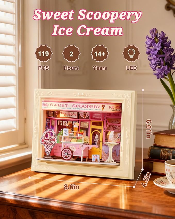 Rolife 3D Diorama Frame, Wall-Mounted Shadow Box & Dollhouse Display Case for & Christmas Decor, Quick-Build Unfinished Kit, Christmas Memorial Gift for Families (Sweet Scoopery Ice Cream)
