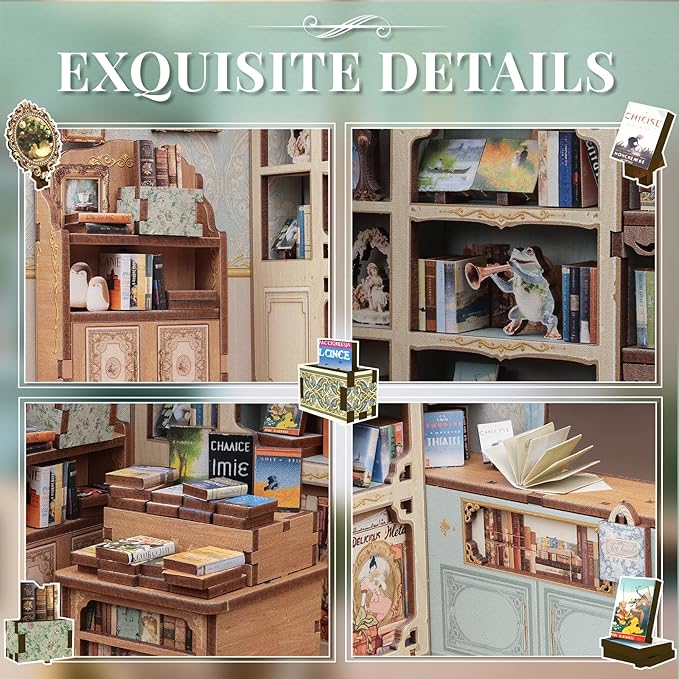 Cutefun Book Nook Kit - DIY Miniature Dollhouse Kit 3D Creative Decorative Bookend 3D Wooden Puzzle for Adults, Bookshelf Insert Library Decor with LED Light (Muse Bookstore)