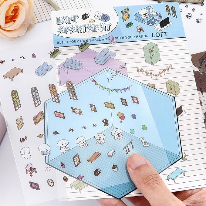 DIY 3D House Stickers, 4 Set Fun DIY Stickers Scene Make Your Own Warm Home, Supermarket, Coffee Shop, Music Bar, Cute 3D Cartoon Scene Sticker for Adult Kids Relief Stress Pass The Time (SY1.0)
