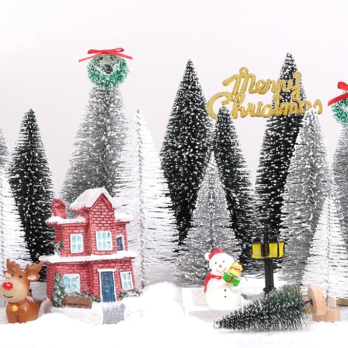 Waipfaru Christmas Table Decor, 30 Pcs Bottle Brush Christmas Trees, White Mini Christmas Trees, Farmhouse Pine Trees for Xmas Tabletop Crafts Indoor Home Decorations (Sliver & White)