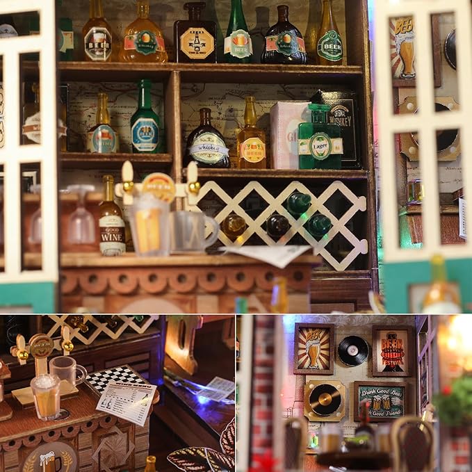 TuKIIE DIY Miniature House Kit with Furniture, 1:24 Scale Creative Room Mini Wooden Christmas Dollhouse Book Nook for Kids Teens Adults(Beer Bar)