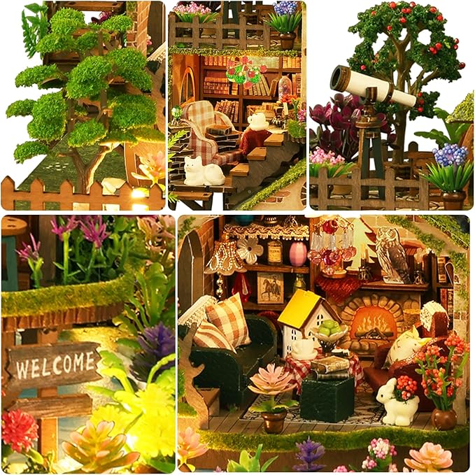 DIY Miniature House Kit: 3D Wooden Puzzle Dollhouse Kit, Mini House Building Kits for Adults Teens, Tiny Model House Building Miniature Kit with LED Light, Forest Adventure