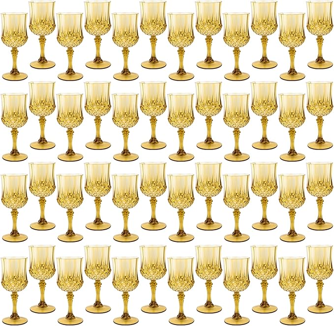 LEYIQU Plastic Wine Glasses, Plastic Goblets Vintage Style Cordial Drinking Glasses for Valentine’s Day, Wedding Reception, Grand Event Party Supplies (48, Gold)