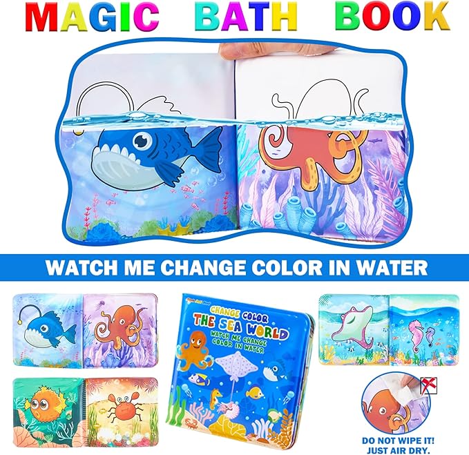 Color Changing Mold Free Bath Toys for Toddlers & Kids - Color Change Sea Creatures Ocean Animal Toys & Glow in The Dark Toy with Bath Book (13 Pack)