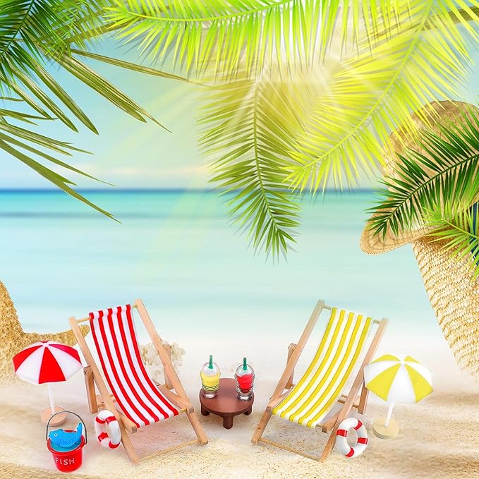 Minatee 25 Pcs Beach Miniature Dollhouse Decoration, Umbrella Palm Chair Miniature Toys Garden Dollhouse Outdoor Accessories Beach Decorations for DIY Garden Plant Pool(Red, Yellow)