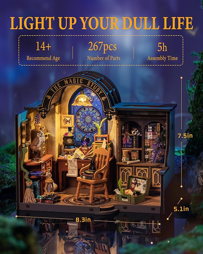 Rowood Magic Study Miniature House Kit, DIY Miniature Dollhouse Kits for Adults, Wizard Mini House Craft Kits for Women with LED, Halloween Christmas Birthday Gift for Adults (The Magic Study)