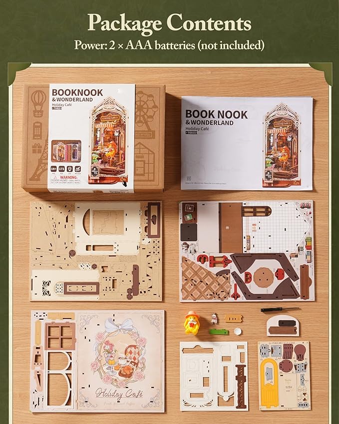 ROBOTIME DIY Book Nook Kit Holiday Café, 3D Wooden Puzzle Miniature Coffee Shop with LED Light, Creative Bookshelf Decor Diorama Kit for Adults, Unique Gift Idea