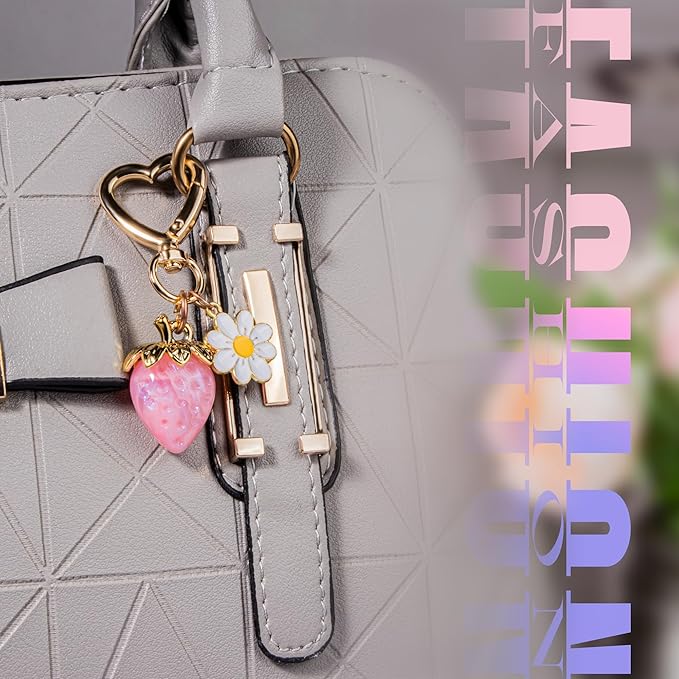 Wikavanli Cute Strawberry Keychain,Bag Charms,Kawaii Heart Flower Daisy Key chains Accessories Decor for Women Girls Purse