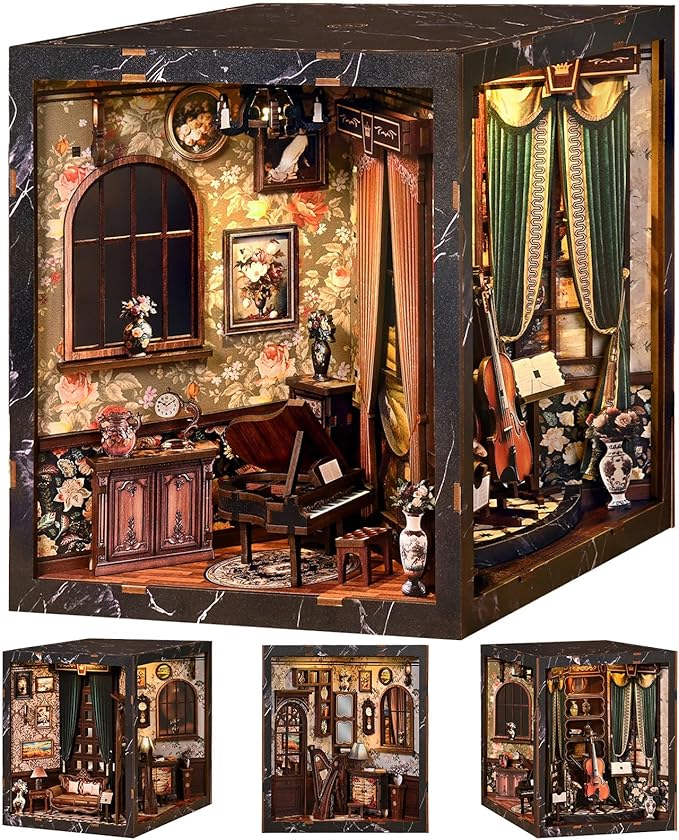 Book Nooks for Adults, DIY Miniature Dollhouse Book Nook Kit with Led Light Classical Music Room Crafts for Adults with Led Light Book Nook Kits Gifts for Family and Friends