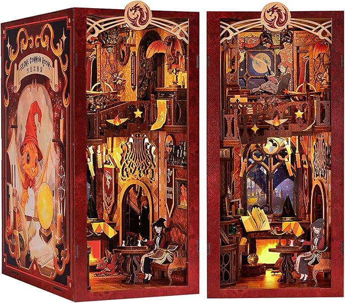 CUTEBEE Book Nook Kit - DIY Miniature House Dollhouse Kit for Adults, Booknook Tiny House Bookshelf Decor 3D Wooden Puzzle, Gifts for Family and Friends (Flame Common Room)