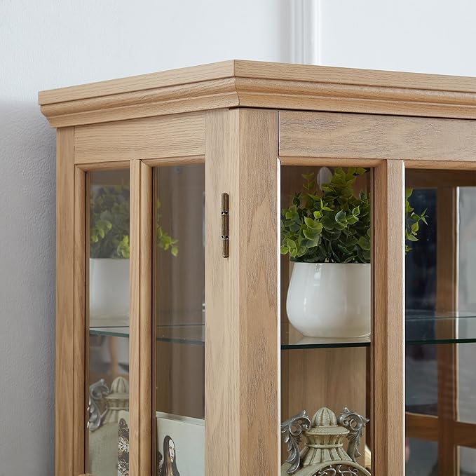 68" H Glass Curio Display Cabinet with Light, 6-Tier Wooden Storage Showcase w/ 4 Glass Doors & Adjustable Shelves, Vintage Accent Cabinet w/Mirrored Back Pane for Home & Office (Oak)