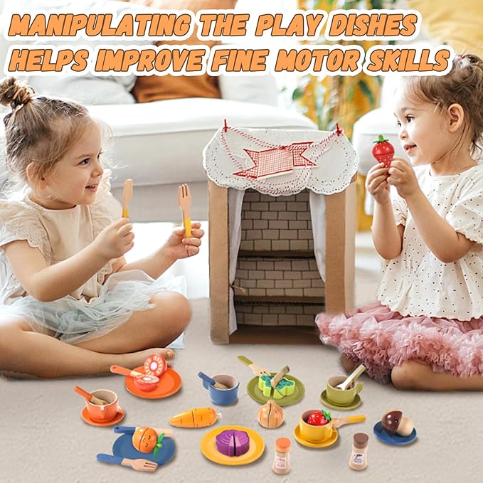GAGAKU Wooden Play Food Sets for Kids Kitchen, Montessori Wooden Play Food Toys with Plates and Dishes for Toddler Boys & Girls Gifts