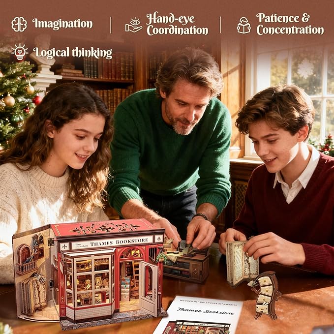 Book Nook Library Kit, DIY Miniature Dollhouse Booknook Kits for Adults Teens, Magic Bookshop 3D Wooden Puzzle Crafts Bookshelf Decor with LED Light, Gift for Family and Friends (Thames Bookstore)