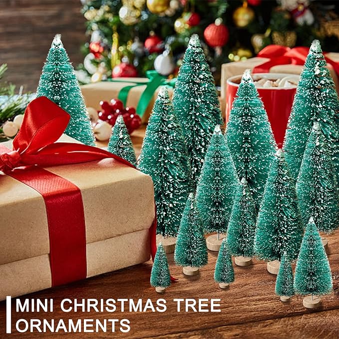 30Pcs Mini Christmas Trees - Artificial Christmas Tree Bottle Brush Trees,Sisal Snow Trees with Wooden Base for Christmas Decor Party Home Table Craft Decorations(Green)