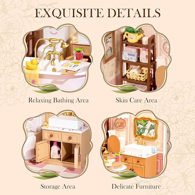 ROBOTIME Super Creator Toy Building Set DIY Miniature House Kit with LED Tiny Room Making Kit Expandable Plastic Craft Toy for Creative Play Home Decor Unique Hobby Gift (Pop Bubble Bathroom)