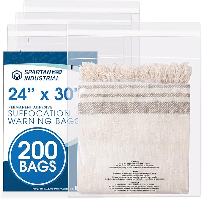 Spartan Industrial - 24" X 30" (200 Count) Self-Seal Clear Poly Bags With Suffocation Warning for Packaging, Shipping, Decor - Permanent Adhesive