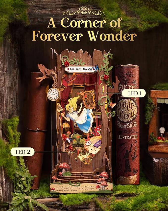 Rolife Book Nook Kit Fall into Wonder DIY Miniature Kit, 9.9" Tree Hollow Booknook 3D Wooden Puzzle with LEDs Fairy Tale Bookshelf Decor Gift for Adults Women Men