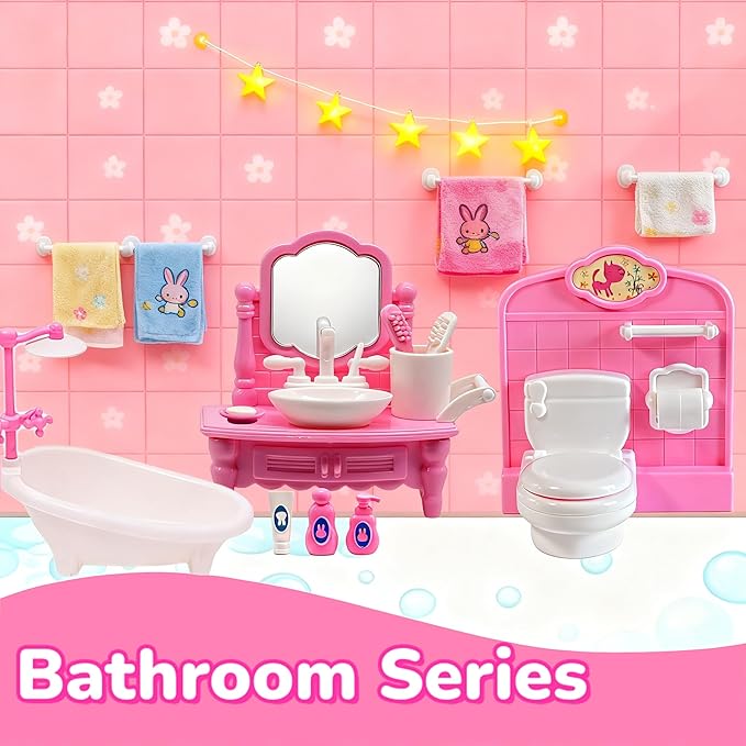 Dollhouse Furniture Set - 38 Pcs,Miniature Accessories with Cat,Dog, Kitchen, Bedroom, Living Room & Bathroom - Doll House Accessories and Furniture Toys for Boys Girls Age 3+