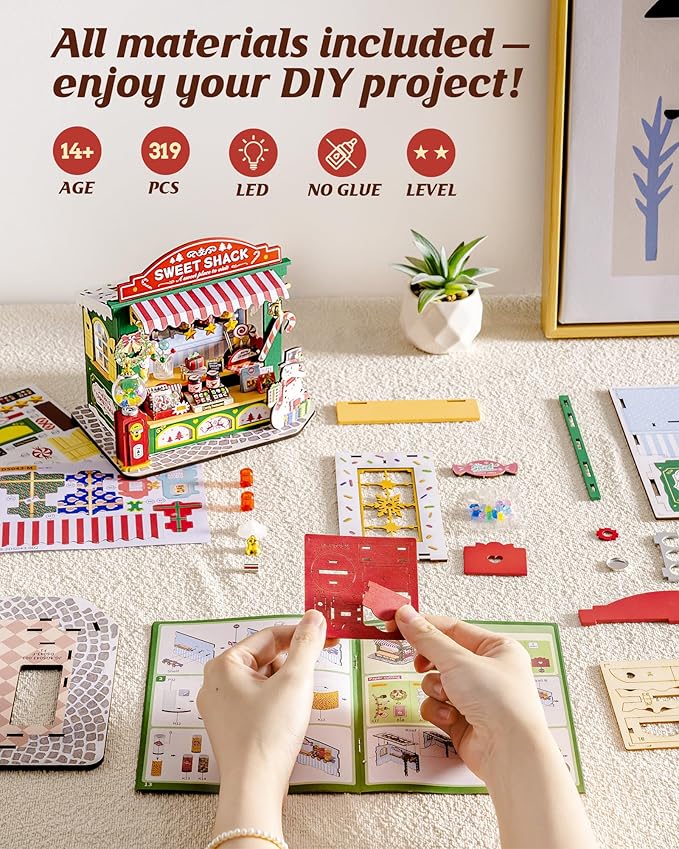 ROBOTIME DIY Miniature House Kit for Adult and Teens, Tiny House Building Kit for Family and Friends, Mini Wooden Dollhouse Kit for Halloween/Christmas/Birthday Gifts (Christmas Candy Stand)