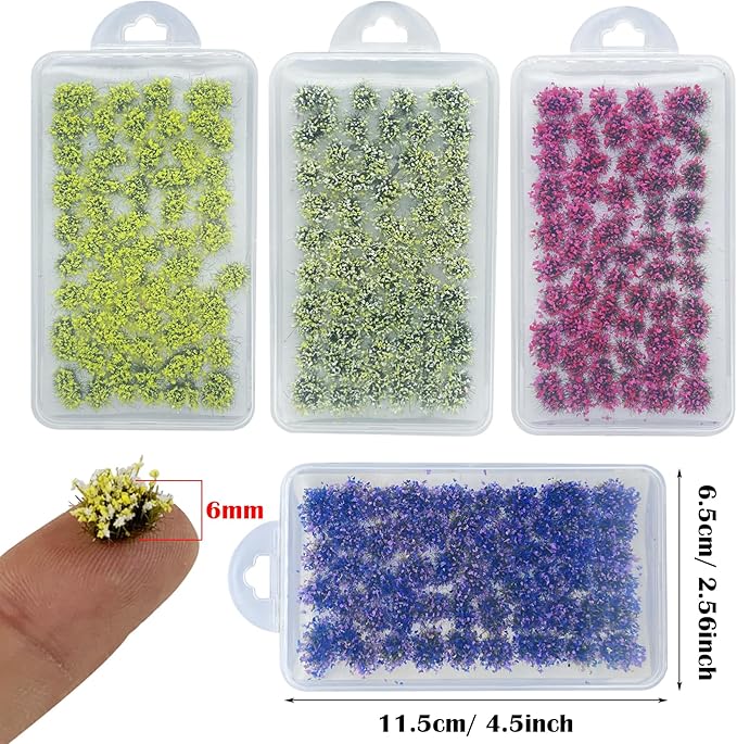 Woohome 4 Pack Miniature Colorful Flower Cluster Self Adhesive Flower Vegetation Groups Static Grass Tufts for Train Landscape Railroad Scenery Sand Military Layout Model