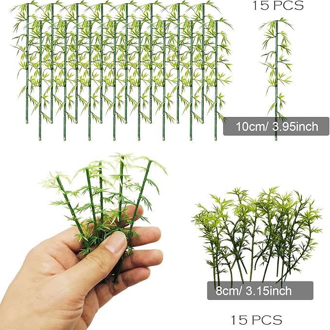 Woohome Model Bamboo Trees, 30 PCS Miniature Bamboo Trees Landscape Green Plastic Bamboo Trees and 2 PCS Artificial Moss Rocks Fake Moss Rocks for Home Decoration, Fairy Gardens