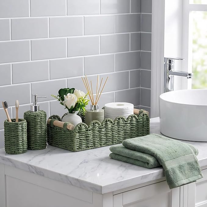 Green Paper Rope Scalloped Basket with Wooden Handles, Decorative Storage Basket for Coffee Table, Bathroom Counter, Shelves & Entryway – 14" x 6.3" x 3.9"