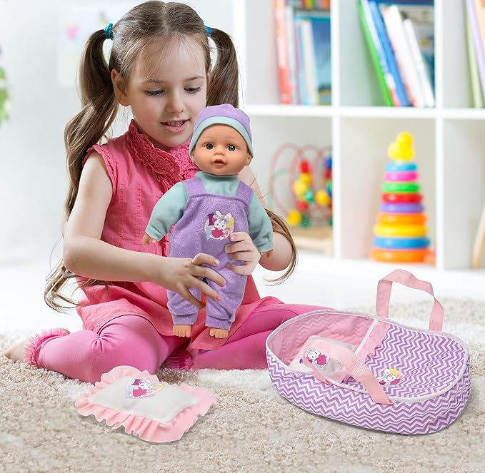 12 Inch Interactive Talking Baby Doll with Bassinet Carrier Bed & Accessories, Doll That Cries Laughs Talks with Pacifier Magic Disappearing Bottle & Take Along Bed with Blanket & Pillow
