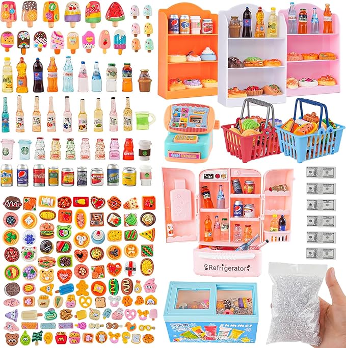 Miniature Food Play Set for Kids - Includes Refrigerator Freezer Ice Cream Drinks & Display Shelves Realistic Toy for Imaginative Play, for Toddlers