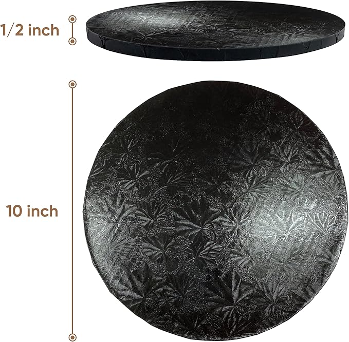 Cakebon Round Cake Boards - Sturdy 1/2 Thick Drums - 10 Inch Professional Fully Wrapped Edges Black 12-Pack