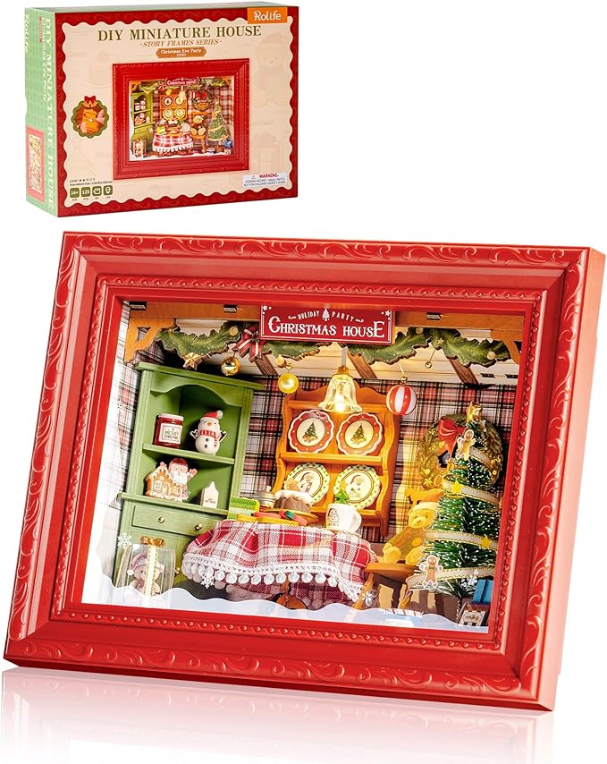 Rolife 3D Diorama Frame, Wall-Mounted Shadow Box & Dollhouse Display Case for & Christmas Decor, Quick-Build Unfinished Kit, Halloween Memorial Gift for Families (Christmas Eve Party)