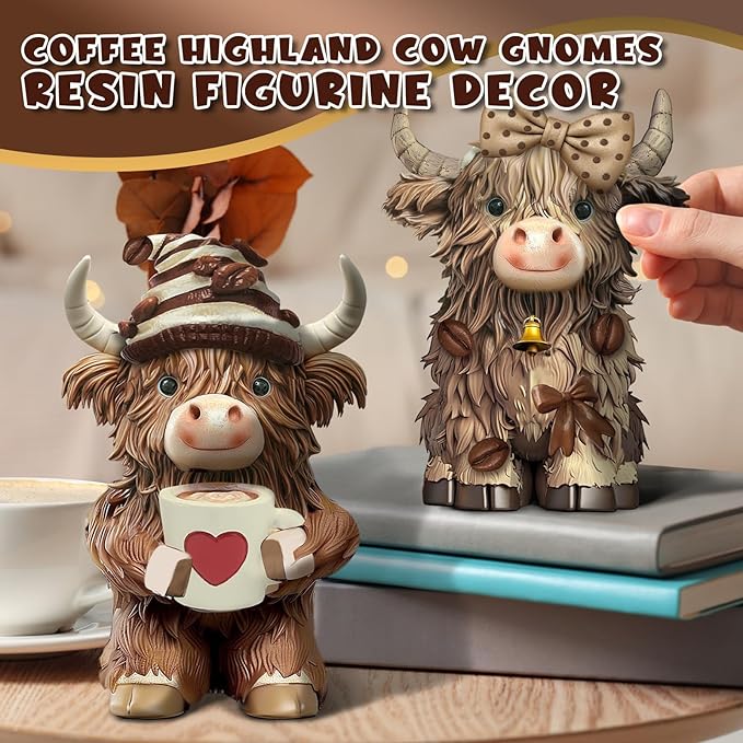 Burbell 2 Pack Highland Cow Resin Figurine Decor Coffee Theme Highland Cow Gnomes Starfish Resin Statue for Garden Table Shelf Kitchen Home Coffee Bar Decor Calf Gnome Herd Gifts