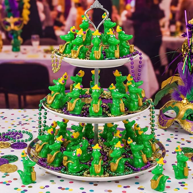 50 Packs Small Mardi Gras Alligators for Parade Mardi Gras Themed Figurines -Resin Tiny Alligators with Clown Crown Carnival Parade Supplies for Novelty Gifts Party Favor Handout Toys