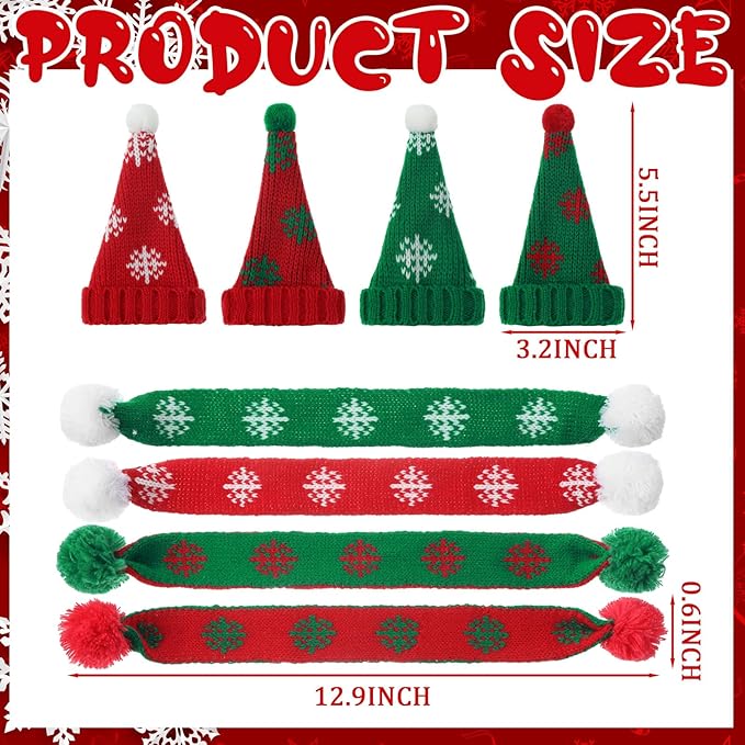 Geyoga 16 Pcs Mini Knit Doll Hat Valentines Day Small Santa Hat for Craft Winter Mini Snowman Hats and Scarf Tree Ornaments Snow Stripe Heart Wine Bottle DIY Decor Gifts