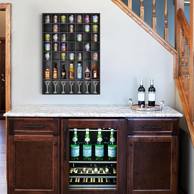2 Pcs Large Wooden Shot Glass Display Case with Removable Shelves, Wall Mounted Shadow Box, 56 Slots