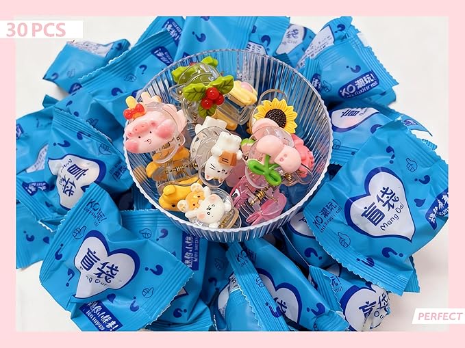30PCS Cute Hair Clip Blind Bags, Random Cartoon Animal Fruit Mini Hair Claws Surprise Blind Box, Cute Daily Styling Hair Clip, Adorable Hair Accessories for Girls Kids ﻿ ﻿