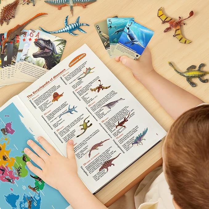Dinosaur Toys Book with 50 PCS Different Dinosaurs Figures & Pokers,Interactive Perfect for Kids Dinosaurs Educational Toys for 3 4 5 6 7 8 12 Year Old Boys&Girls
