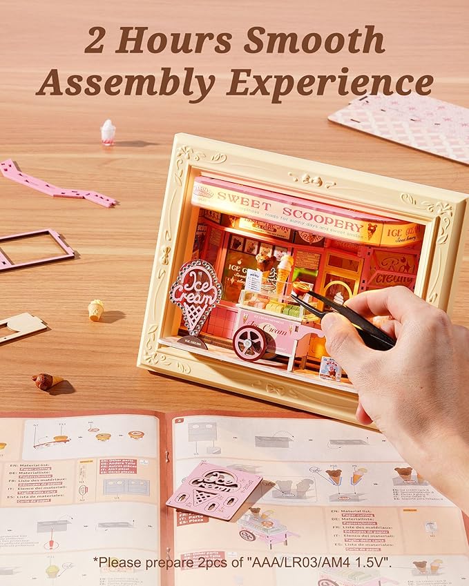 Rolife 3D Diorama Frame, Wall-Mounted Shadow Box & Dollhouse Display Case for & Christmas Decor, Quick-Build Unfinished Kit, Christmas Memorial Gift for Families (Sweet Scoopery Ice Cream)