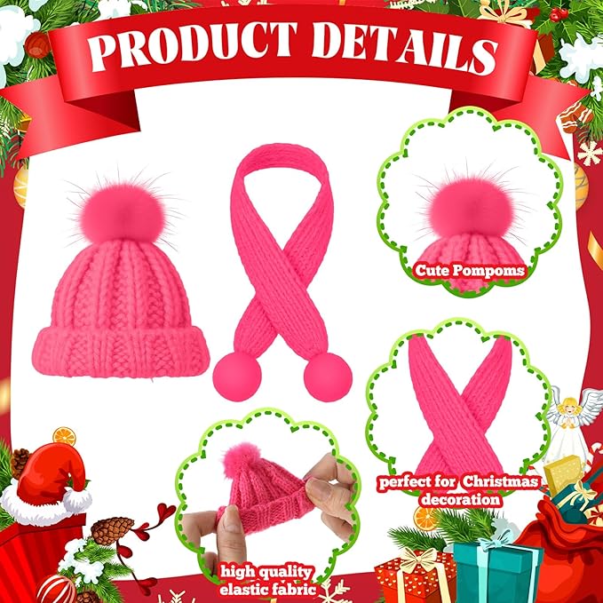 Geyoga 16 Pcs Mini Knit Doll Hat Valentines Day Small Santa Hat for Craft Winter Mini Snowman Hats and Scarf Tree Ornaments Snow Stripe Heart Wine Bottle DIY Decor Gifts