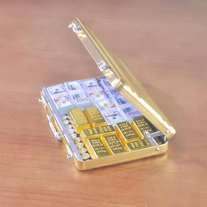 1:6 Scale Miniature Gold Briefcase Gift Set with Fake Gold Bars, 180Pcs Mini $100 Dollar Bills & Vintage Coins | Unique Collectible Display, Dollhouse Accessory & Fun Novelty Gift for Adults