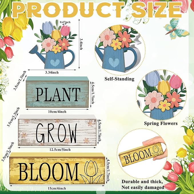 Moucuny 4 Pcs Spring Table Decorations Flower Wooden Signs Spring Tiered Tray Decor Wooden Flower Kettle Block Signs Pastel Table Centerpieces Decor for Home Kitchen Shelf