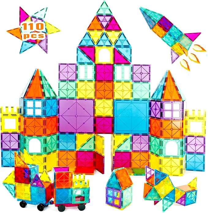 Magnetic Tiles Car Set Truck Kit Toy with Stronger Magnets, Educational Magnet Cars with Re-Enforced Hitch and Long Bed for Girls Boys Toddler Ages 3+ (110 PCS Set)