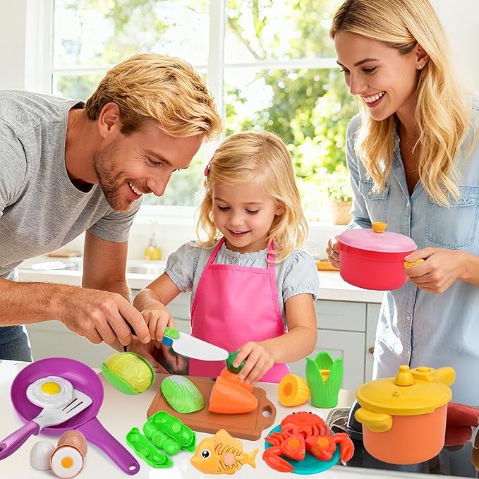 Kids Kitchen Playset, 66PCS Toddler Pretend Cooking Toys with Pots and Pans, Play Food, Utensils,Cookware, Play Food Set,Cutting Toys Fruit Veges,Educational Role Play Set for Toddlers Boys Girls