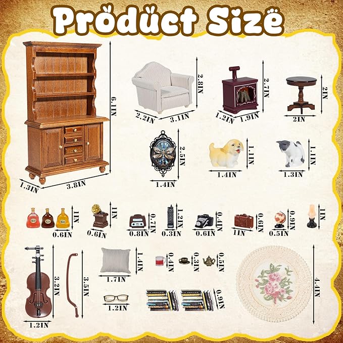Miniature House Furniture Set Classic Mini Furniture Sofa Set with Pillows Mini Couch Carpet Wooden Furnitures Bookshelf Desk Chair Living Room Scene Decor