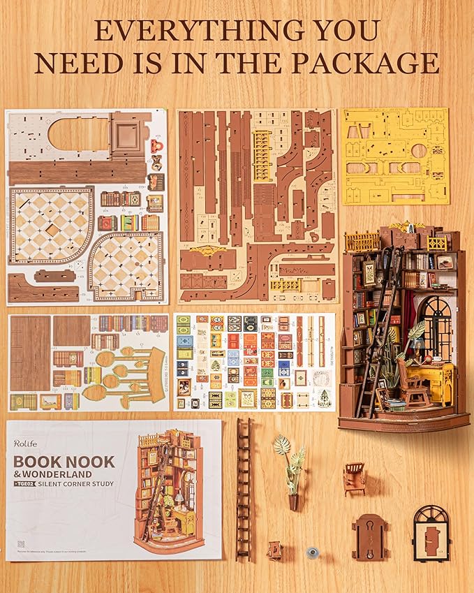Rolife DIY Book Nook Kit Silent Corner Study, 3D Puzzles Creative British Bookend Bookshelf Decor for Adults, Tiny House Miniature Kits Model Building Kits, DIY Crafts/Gifts for Teens & Book Lovers