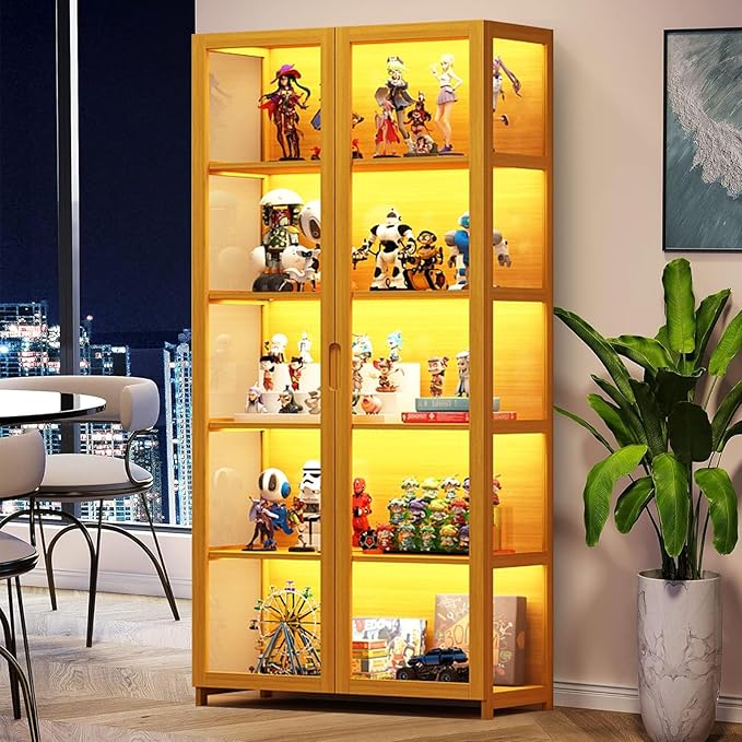 Display Cabinet with Acrylic Glass Doors, 5-Tier Bamboo Curio Display Case for Figures - Display Shelves for Collectibles & Toy Display Cabinet for Home, Office, Playroom, Living Room