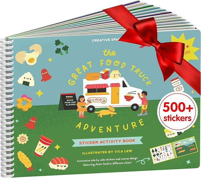 CUPKIN Sticker Book for Kids 2-4, 500+ Kids Stickers, Food Truck Adventure 12 Coloring Pages 12 Side by Side Scenes Fun Toddler Travel Activity Coloring and Sticker Books for Ages 4-8 + 8-10