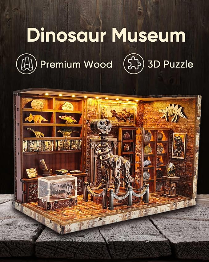 DIY Miniature House Kit – Mini House Book Nook Kit Bookend Bookcase Craft Bookshelf Home Decor with LED Light Christmas Birthday for Adults Beginners(Dinosaur Research Institute)