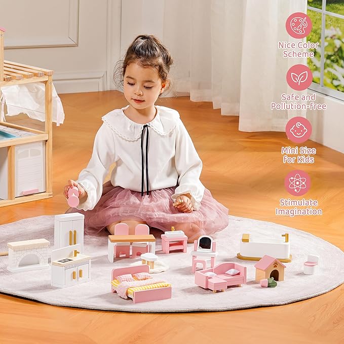 ROBOTIME Wooden Dollhouse Furniture Set, 28 PCS Miniature Dollhouse Furniture with 6 Room Kits, Dollhouse Accessories and Pretend Play Furniture, Gift for Boys and Girls Ages 3+
